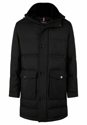 Schwarze Daunenjacke mit Druckknopfverschluss, Fronttaschen und abnehmbarem Kapuzen. Verfügt über ein strukturiertes Innenfutter und eine glatte Außenseite.