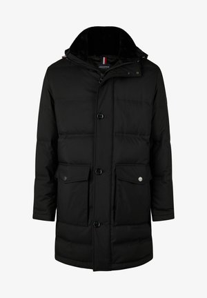 Schwarze Daunenjacke mit Druckknopfverschluss, Fronttaschen und abnehmbarem Kapuzen. Verfügt über ein strukturiertes Innenfutter und eine glatte Außenseite.