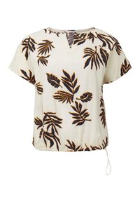 Blusa a maniche corte in tessuto crema con stampa di foglie blu navy e oro, caratterizzata da un collo a chiave e orlo con coulisse.