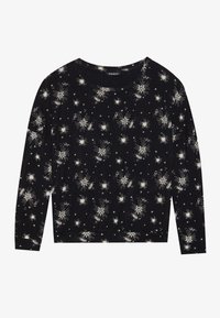 Haut noir à manches longues avec un col rond, orné d'un motif d'explosion en étoile blanc et de petites étoiles, fabriqué dans un tissu doux.