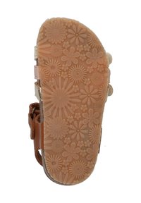 Lysbrune sandal såler med blomster mønster; glat tekstur; justerbare stropper; brun side spænde; flad design.