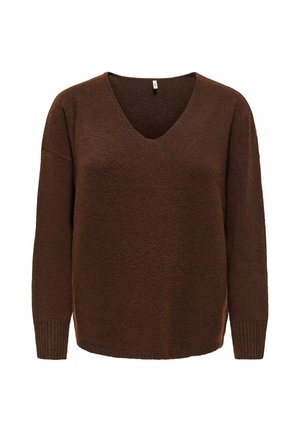Pull en maille marron à manches longues avec col en V et poignets côtelés présenté sur fond blanc.