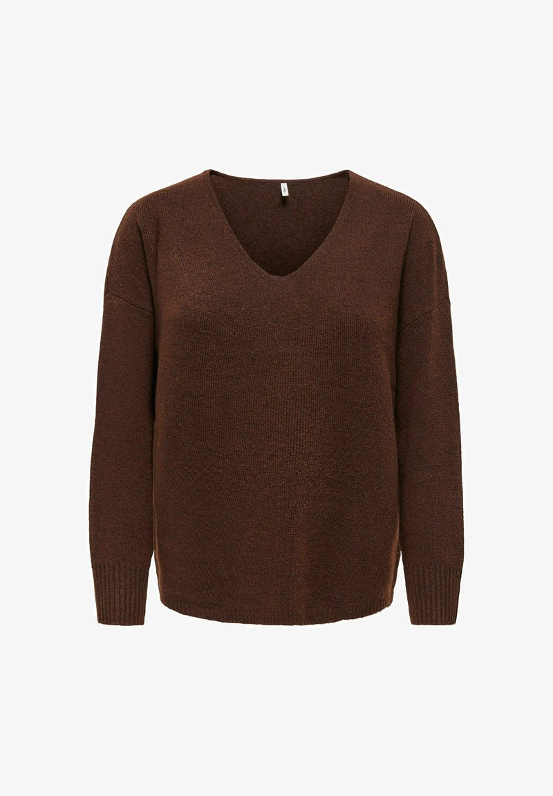 Pull en maille marron à manches longues avec col en V et poignets côtelés présenté sur fond blanc.