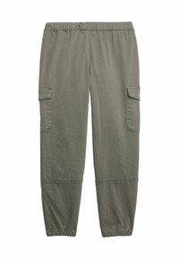 Groene cargobroek met een elastische tailleband, twee zijzakken, taps toelopende boorden en een gladde textuur. Gemaakt van een zachte, ademende stof.