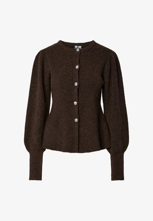 Pruun soonikuga kardigan ümmarguse kaelusega, pikkade pallvarrukatega ja esiosas viie dekoratiivse nööbiga. Tekstuuriga kootud kangas.