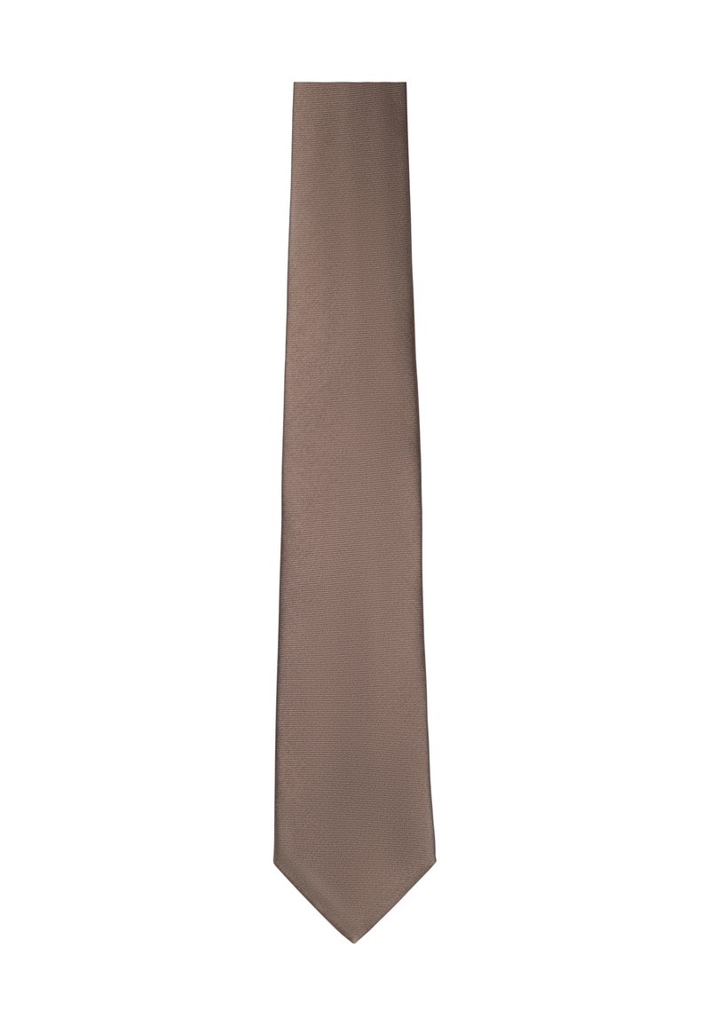 Cravate marron à motifs, de forme étroite et texture lisse, présentant de subtiles rayures verticales et une pointe effilée.