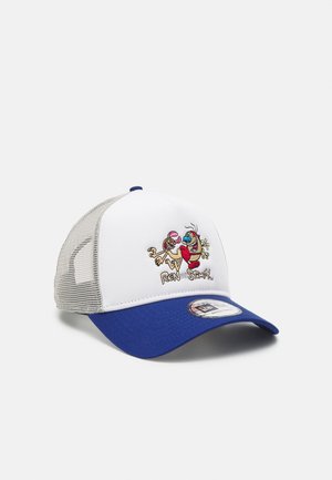 Weiß-blaues Trucker-Cap mit Mesh-Rückseite, mit bunten Ren-und-Stimpy-Zeichentrickfiguren auf dem Vorderpaneel bestickt.
