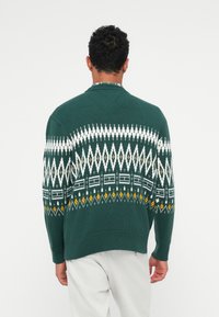 Green knitted sweater featuring a geometric white, yellow, and black pattern across the yoke, with a ribbed neckline and cuffs.