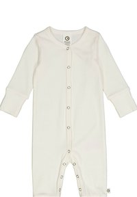 Body per neonati color crema con maniche lunghe, texture a coste, chiusura frontale con bottoni a pressione e un piccolo etichetta del marchio sul lato.