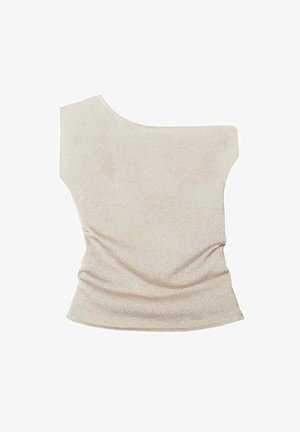 Top asimétrico en un color beige claro, hecho de una tela suave y elástica con un ligero brillo. Incluye detalles fruncidos en un lado.