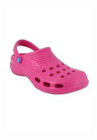 Roze plastic klomp met ventilatiegaten, een verhoogd ribbelontwerp aan de voorkant en een achterband voor ondersteuning. Glad oppervlak overal.