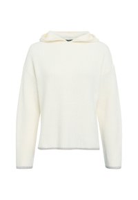 Cremig gefärbter, gerippter Strickpullover mit Kapuze, der lange Ärmel und einen blauen Akzent an den Bündchen und am Saum aufweist. Weiche Textur, lässiges Design.