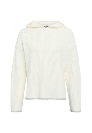 Cream-colored, ribbed knit sweater with a hood, featuring long sleeves and a blue accent at the cuffs and hem. Soft texture, casual design.
