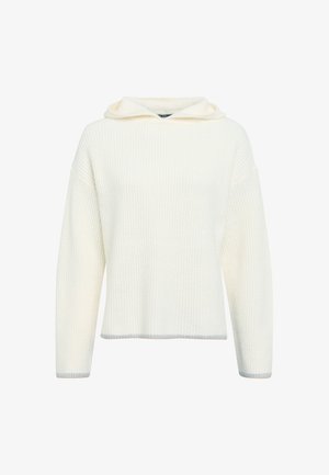 Cremig gefärbter, gerippter Strickpullover mit Kapuze, der lange Ärmel und einen blauen Akzent an den Bündchen und am Saum aufweist. Weiche Textur, lässiges Design.