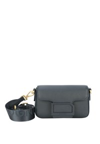 Borsa a tracolla in pelle grigio scuro con esterno testurizzato, hardware dorato e tracolla staccabile con logo in rilievo. Forma rettangolare.