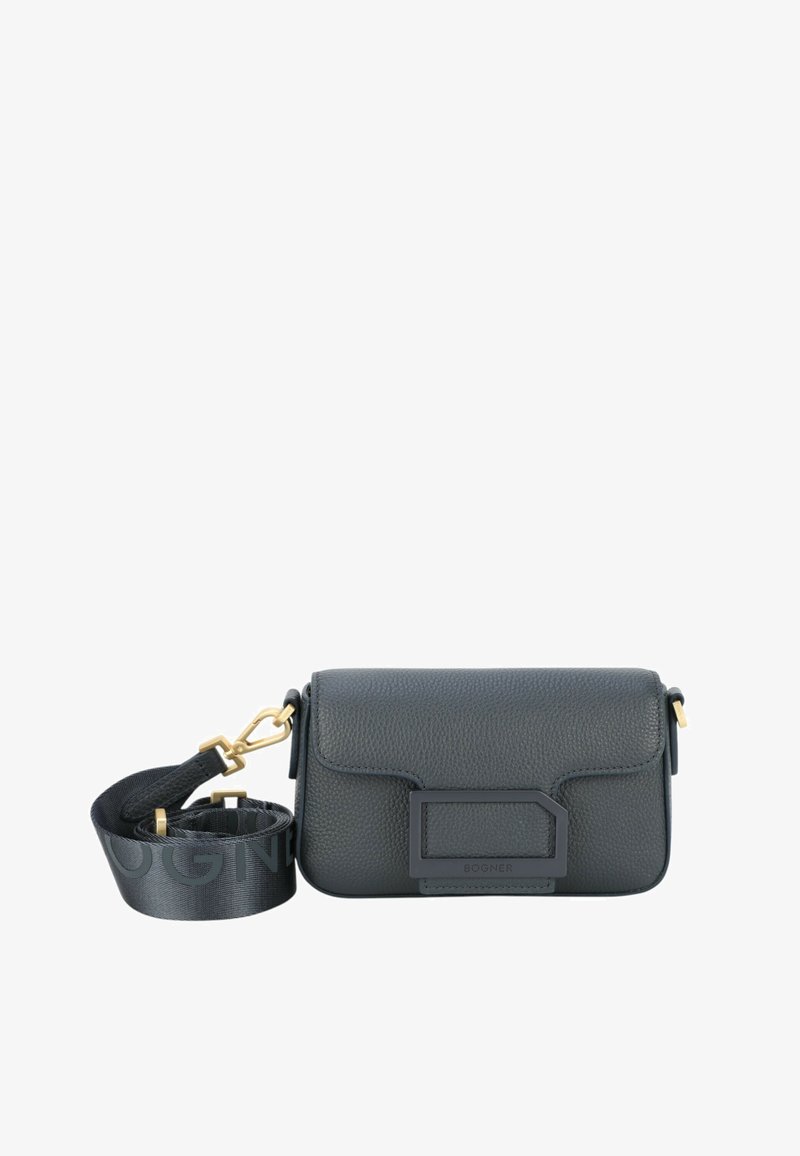 Borsa a tracolla in pelle grigio scuro con esterno testurizzato, hardware dorato e tracolla staccabile con logo in rilievo. Forma rettangolare.