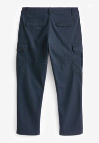 Marineblaue Cargo-Hosen aus strapazierfähigem Material mit zwei seitlichen Taschen und zwei Gesäßtaschen, gerade Beinform und glatter Textur.
