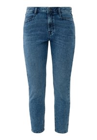 Jean skinny en denim bleu avec fermeture à bouton et fermeture éclair avant, poches avant et arrière, et un motif de lavage décoloré légèrement usé.