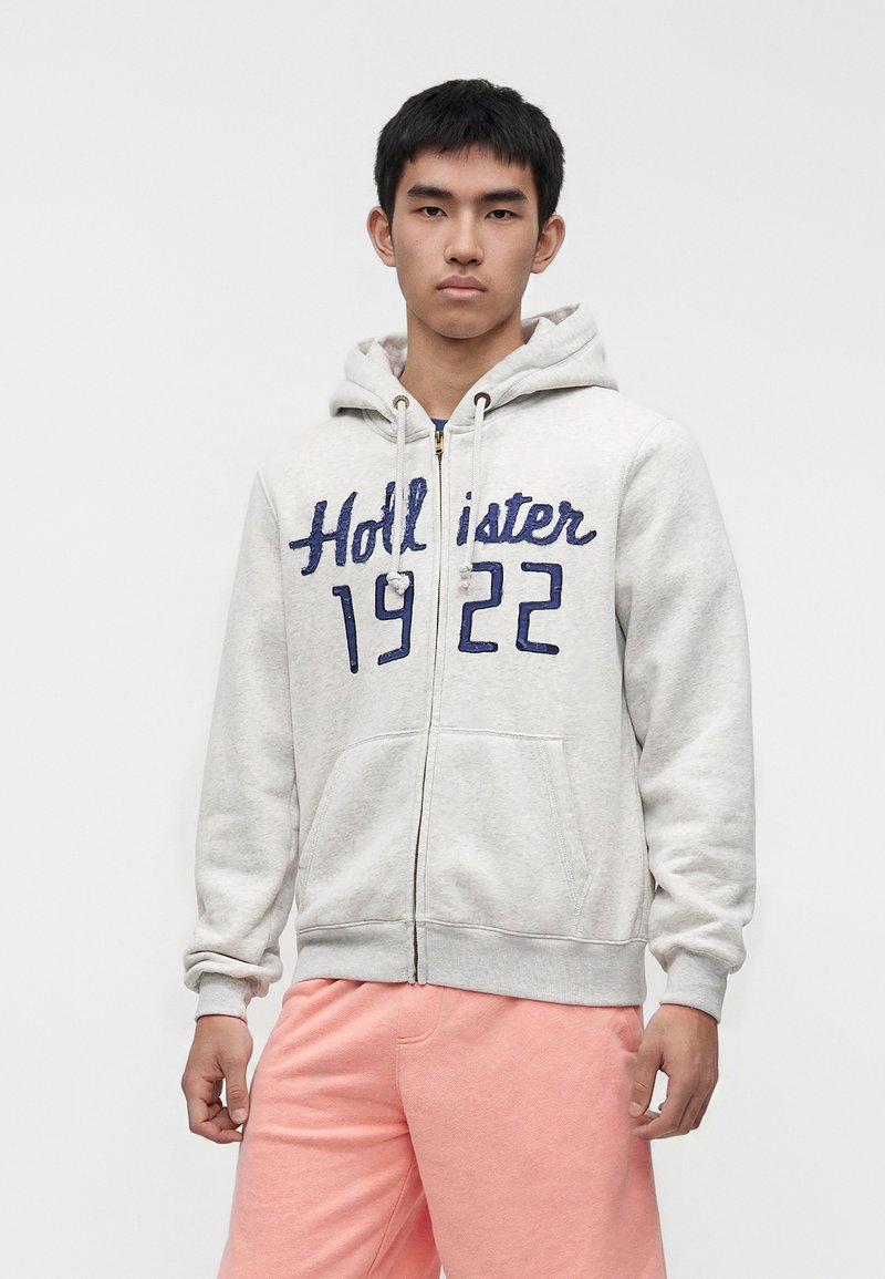 Jeune homme portant un sweat à capuche zippé gris clair avec le texte « Hollister 1922 » et un short rose corail, debout devant un fond blanc uni.