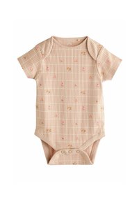 Kurzärmeliger Babybody aus hellbeigem Rippstoff, mit einem floralen Muster in Pink und Gelb und einem Druckverschluss am Boden.