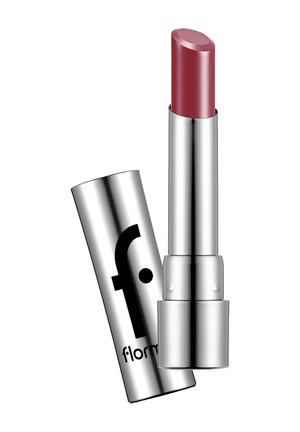 Lipstick with metallic silver casing and cap, shade of muted rose pink, cap placed beside the lipstick tube.