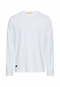 Wit T-shirt met lange mouwen, gemaakt van zacht katoen, met een ronde hals, minimalistisch ontwerp en een klein logo op de borst. Zwart label aan de zoom.