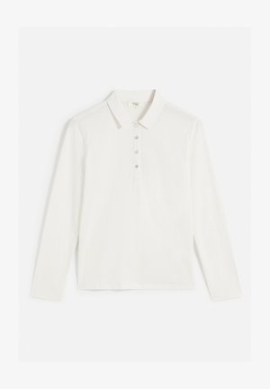 Koszula polo z długim rękawem w kolorze off-white, posiada klasyczny kołnierzyk i zapięcie na pięć guziczków, o miękkiej i gładkiej fakturze.