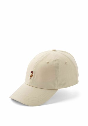 Beżowa czapka z daszkiem z haftowanym logo gracza polo na koniu na przednim panelu, prezentowana na białym tle.