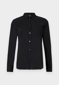 Μαύρο πουκάμισο με μακριά μανίκια και κουμπιά, γιακά και τσέπη στο στήθος, παρουσιάζεται πάνω σε απλό ανοιχτό φόντο.