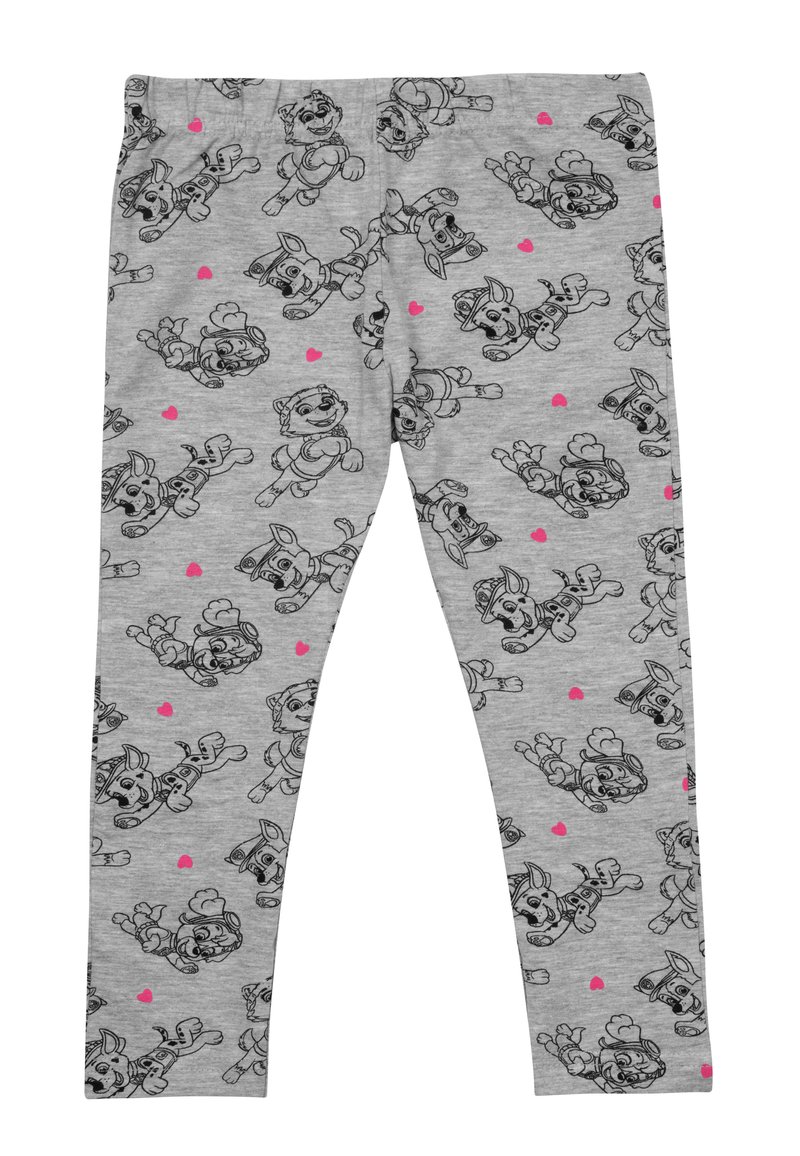 Leggings grigi con un motivo ripetuto di contorni neri di cani da cartone, con piccoli accenti a forma di cuore rosa. Vita elasticizzata.