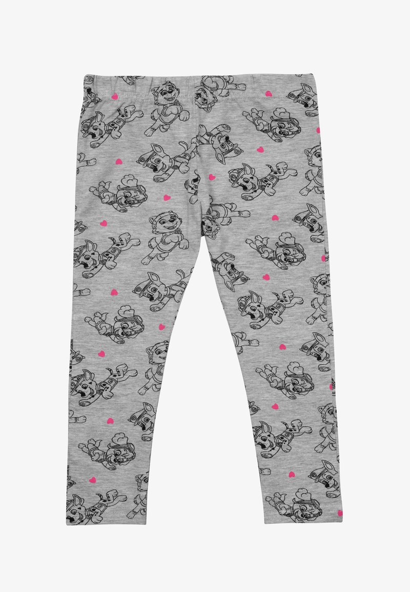 Leggings grigi con un motivo ripetuto di contorni neri di cani da cartone, con piccoli accenti a forma di cuore rosa. Vita elasticizzata.