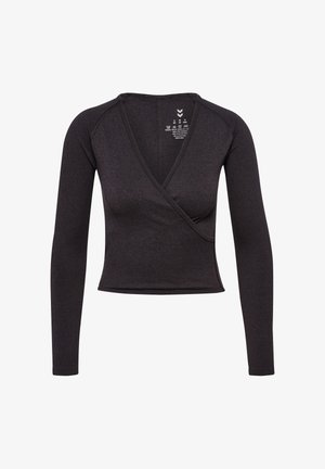 Długa bluzka na zakładkę z długim rękawem w ciemnoszarym kolorze, wykonana z miękkiego, teksturowanego materiału, z głębokim dekoltem w serek i dopasowaną sylwetką.