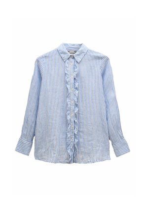 Camicia a righe blu e bianche con bottoni, realizzata in tessuto con dettaglio plissettato, maniche lunghe e collare classico.
