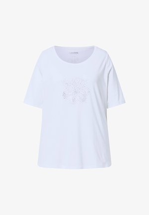 Wit T-shirt met korte mouwen en een ronde halslijn, voorzien van een subtiel bloemenpatroon met strass-steentjes middenvoor.