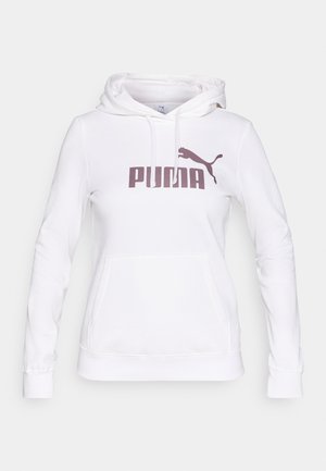 Hvit hettegenser med kengurulomme, med en maroon "PUMA" logo og silhuett, snøring i hetten, og ribbestrikkede mansjetter og nederkant.