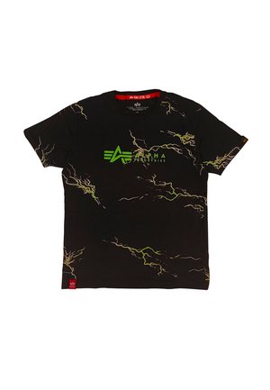 Black short-sleeve T-shirt with green lightning patterns and green "Alpha Industries" logo centered on the chest.
