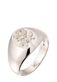 Hõbe sõrmus, millel on ümar, kõrgendatud roosi disain poleeritud riba peal, rõhutades siledat tekstuuri ja keerulisi lilledetailide.