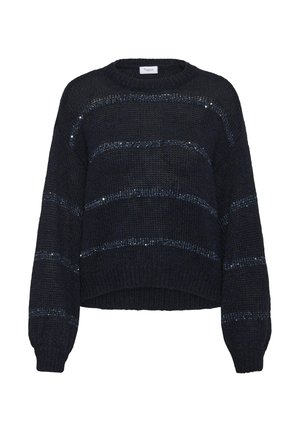 Großer Strickpullover in dunkelblau mit horizontalen hellblauen Streifen. Mit rundem Ausschnitt und langen, weiten Ärmeln. Strukturierter Stoff mit offener Webart.