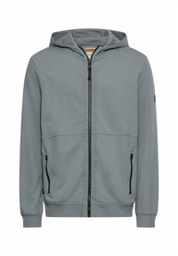 Grijze hoodie met ritssluiting, gemaakt van zacht materiaal. Voorzien van een capuchon met trekkoord, twee zijzakken met ritsen, en geribbelde boorden aan mouwen en zoom.