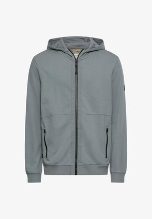 Grå hættetrøje med lynlås i blødt stof. Har snøre i hætten, to sidelommer med lynlåse samt ribbet kant og manchetter.