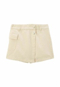 Jupe en denim beige mini avec une fermeture à bouton sur le devant, une poche sur le côté et des détails de couture subtils. Le tissu a une apparence douce et texturée.