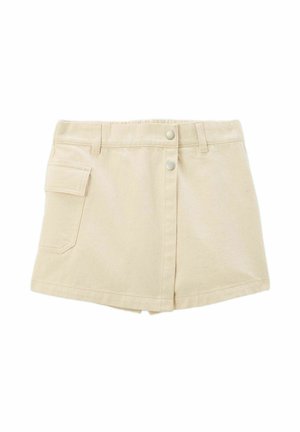 Jupe en denim beige mini avec une fermeture à bouton sur le devant, une poche sur le côté et des détails de couture subtils. Le tissu a une apparence douce et texturée.