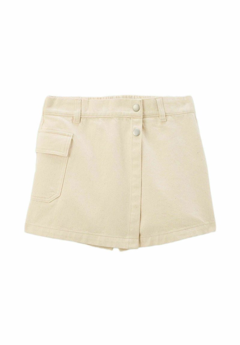 Jupe en denim beige mini avec une fermeture à bouton sur le devant, une poche sur le côté et des détails de couture subtils. Le tissu a une apparence douce et texturée.