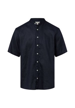 Camicia button-up a maniche corte, di colore blu navy, con colletto a fascia, realizzata in tessuto testurizzato. Presenta bottoni bianchi lungo la patta anteriore.