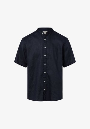 Korte mouwen, marineblauw overhemd met knopen en een bandkraag, gemaakt van gestructureerde stof. Heeft witte knopen langs de voorkant.