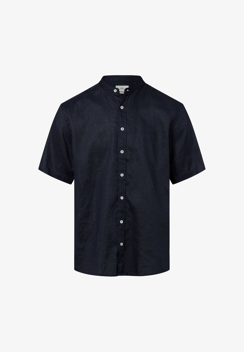 Korte mouwen, marineblauw overhemd met knopen en een bandkraag, gemaakt van gestructureerde stof. Heeft witte knopen langs de voorkant.
