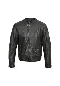 Schwarze Lederjacke mit hohem Kragen, durchgehendem Reißverschluss, Seitentaschen und einer schrägen Brusttasche mit Reißverschluss. Glatte Textur, minimalistisches Design.