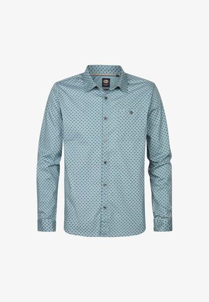 Lichtblauw overhemd met knopen, voorzien van een geometrisch patroon, lange mouwen en een klassieke kraag. Subtiele structuurstof met contrasterende knopen.
