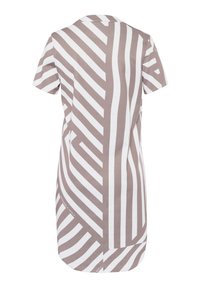 Robe chemise à manches courtes en marron clair et blanc avec des rayures diagonales, un col et une coupe décontractée. Confectionnée dans un tissu lisse au toucher doux.