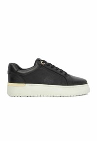 Black leather sneaker with a smooth texture, white rubber sole, gold eyelets, and subtle branding on the side. Lace-up design.